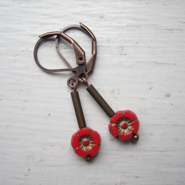 Tiny flower earrings, delicate dainty, minimalist red, petit floral, Czech glass, small red flower dangles, minimal drops, everyday jewelry