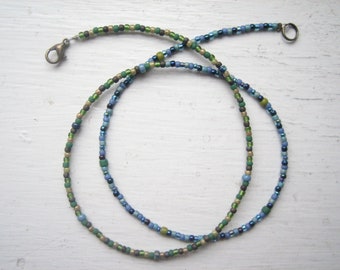 Blue and green seed bead necklace, half and half delicate necklace, tiny glass bead, thin minimal, short layering, Boho jewellery, dainty