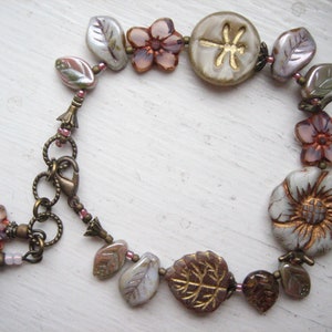 Woodland bracelet, Czech glass bracelet, flower leaf dragonfly, Boho whimsical, pale light colours, earthy rustic, handmade jewellery, bead