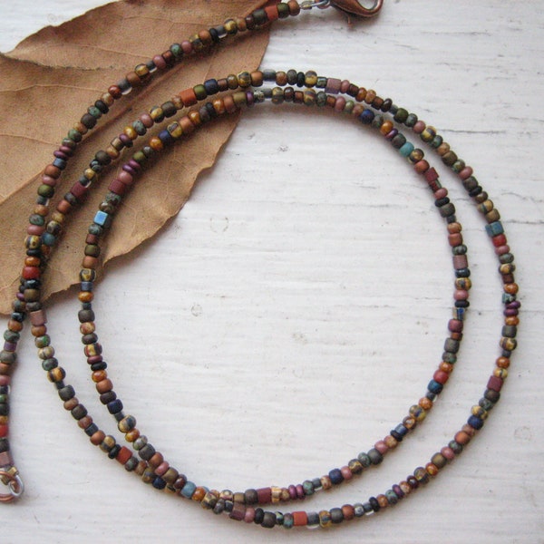 Boho necklace, seed bead necklace, short necklace, earthy rustic, thin tiny beaded, minimalist necklace, layering necklace, earth colours