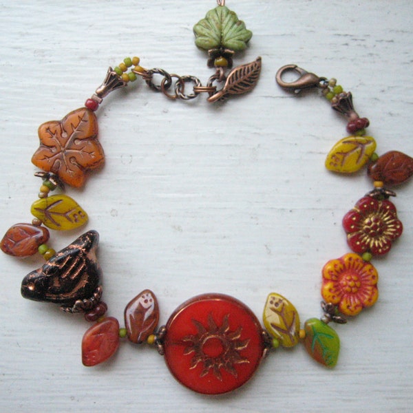 Autumn bracelet, Czech glass bead, sun leaf flower and bird, colourful Fall, Boho handmade, Bohemian jewelry, orange yellow green red