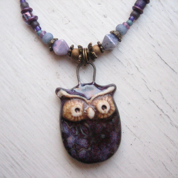 Whimsical owl necklace, ceramic bird pendant, purple beaded, short bead, woodland cute animal, bird lover gift, handmade jewellery, Boho