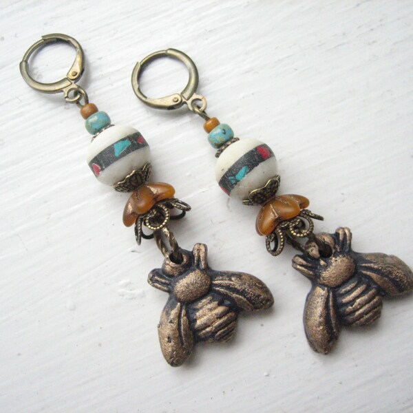 Boho bee earrings, rustic insect dangles, artisan ceramic charm, woodland nature, Bohemian handmade, earthy casual, artisan jewellery