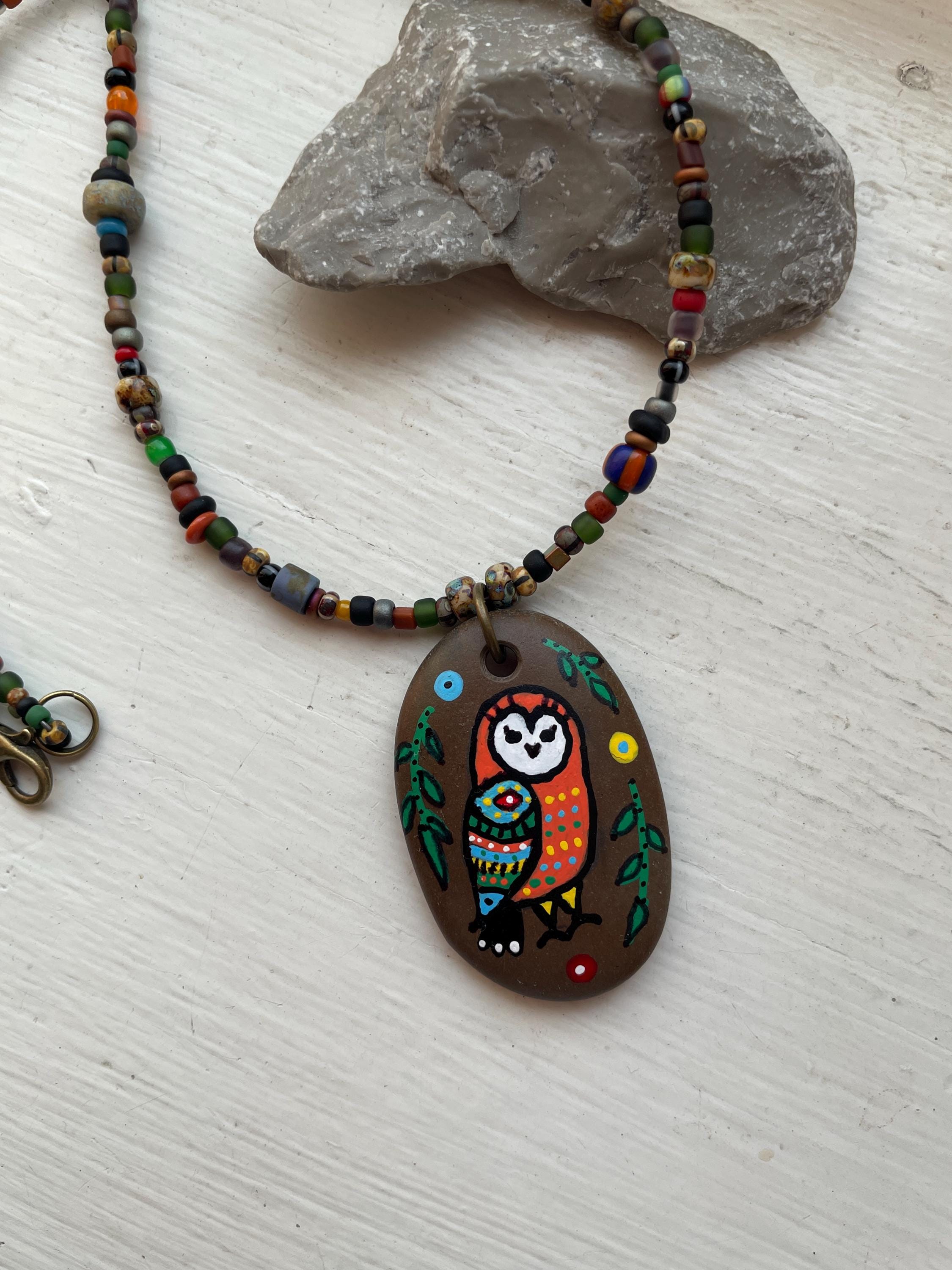Hand painted owl necklace, folk art style, colourful pebble art, handmade