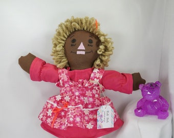 Raggedy Ann Doll Handmade Rag Doll with Clothes Black Rag Doll with Blonde Hair 11 to 12 inch Tall Rag Doll with I Love You Heart KD-237