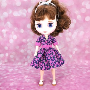 Blythe Doll Clothes A-line Dress in Navy with Pink Floral Print fits 11 to 12-inch Slim Body BJD Dolls for Neo Blythe Blythe Outfits  NB-156