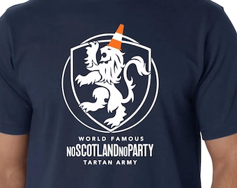 May include: A navy blue short-sleeved t-shirt featuring a white graphic of a lion inside a shield, wearing an orange traffic cone on its head. Below the shield, the text reads: WORLD FAMOUS NOSCOTLANDNOPARTY TARTAN ARMY in white capital letters.