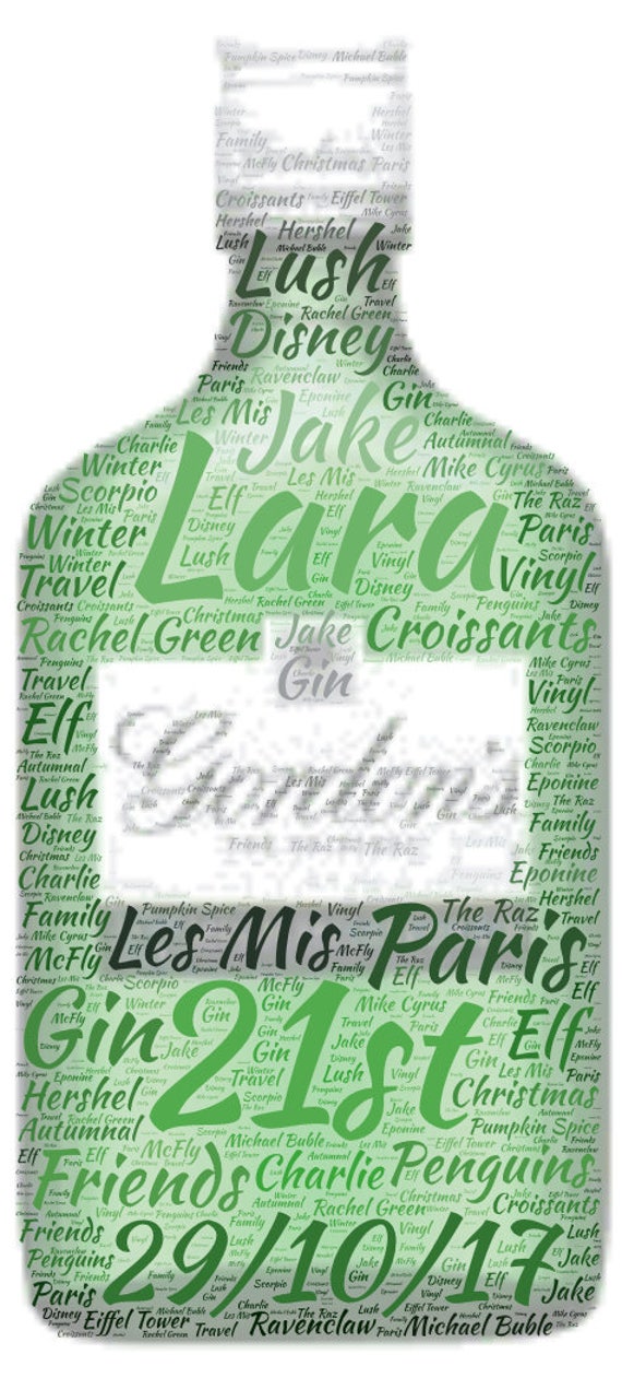 Personalised word art image of gin bottle typography. Gift