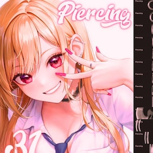May include: A digital illustration of a young woman with long blonde hair, wearing a white shirt with a black tie. She is smiling and has pink nail polish on her fingers. The text "Piercing" is written in a pink and white font above her head. The image also includes a variety of different piercing styles.