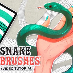Peut inclure: Illustration numérique d'un serpent vert avec un motif noir et blanc. Le serpent est tenu par une main. Le texte "SNAKE BRUSHES +VIDEO TUTORIAL" est sur un autocollant blanc.