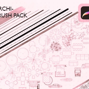 Könnte beinhalten: Ein digitales Pinsel-Set für Procreate mit Linienstilen, Architekturelementen und Landschaftsymbolen. Das Set trägt den Titel "Archi-Brush Pack".