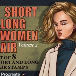 May include: Digital illustration of a woman with short, wavy blonde hair, wearing a cream-colored blazer and a dark blue turtleneck. Text on the left reads "SHORT & LONG WOMEN HAIR Volume 2" and "SET OF 8 SHORT AND LONG HAIR STAMPS FOR Procreate."