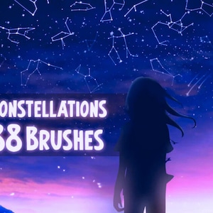 Op de afbeelding: Een digitale illustratie van een sterrenhemel met een silhouet van een persoon op de voorgrond. De tekst "Constellations 88 Brushes" wordt weergegeven in witte letters op een donkerblauwe achtergrond.