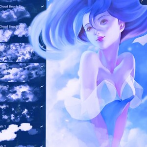 May include: A digital illustration of a woman with blue hair and a white dress, floating in a blue sky with white clouds. The image includes a set of cloud brushes and textures.