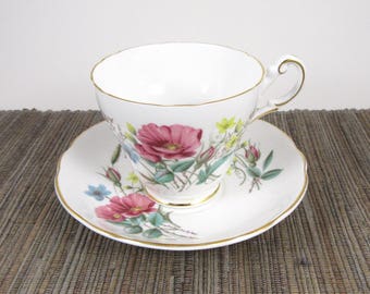 Vintage Tea Cup and Saucer, Regency English Bone China, England China Teacup, Ceramic Teacup, Pink White and Gold Tea Set, Cup and Plate