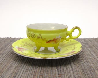 Vintage Tea Cup and Saucer, Small Made in Japan Floral Footed Cup, Mother of Pearl, Ceramic Teacup, Yellow White and Gold Tea Set