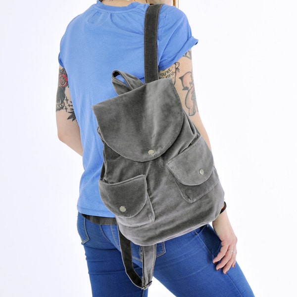 SALE! 30% OFF Grey Velvet Backpack, Metallic grey Bag, grey backpack, Cotton purse, womens rucksack, Cotton backpack, velvet bag