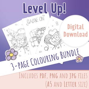Puede incluir: Un paquete de descarga digital de tres páginas para colorear imprimibles con lindas ilustraciones de una consola de videojuegos, un personaje relajándose en una silla y una consola de videojuegos con hilo. El texto "Level Up!" y "3-Page Coloring Bundle" está incluido en la imagen.