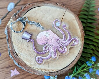 Acrylic pink octopus keychain, boyfriend gift for geek, steampunk accessory, stocking stuffer, gift for teacher, party favor, steampunk hat