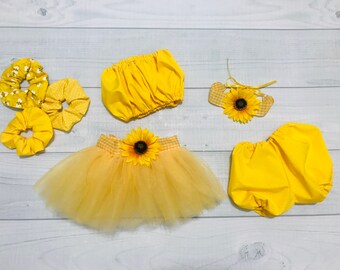Sunflower Tutu Outfit Baby Girl First Birthday Party Infant Newborn Toddler Child Cake Smash Photo Prop Yellow Scrunchie Cotton Bloomers Set