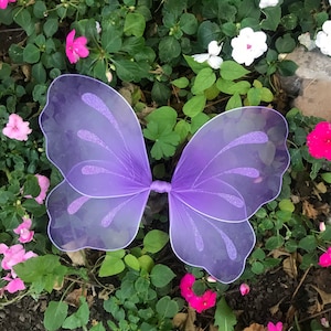 May include: Purple butterfly wings with glitter accents, made of sheer fabric. The wings are lying on a bed of green leaves and pink flowers.
