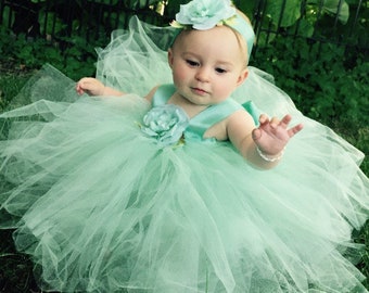 Mint Green Baby Tutu Handmade Tulle Dress Flower Girl Attire Christmas Gown First Birthday Outfit Fairytale Tutus Special Event Photo Props