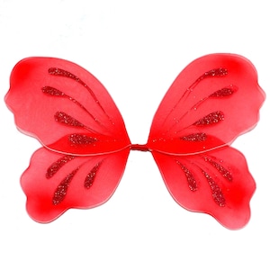 May include: Red butterfly wings with glitter accents. The wings are made of sheer fabric and are attached to a headband.