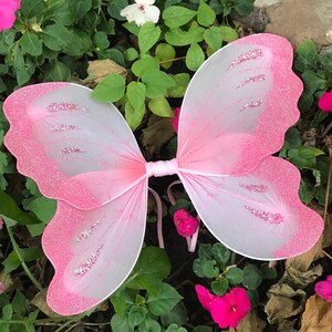 May include: Pink butterfly fairy wings with glitter accents. The wings are made of sheer fabric and have a delicate, whimsical design.