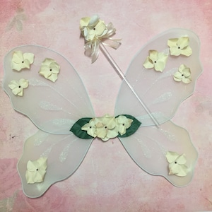 Floral Fairy Wings Fairytale Princess Outfit Wedding Flower Girl Wand Ivory Cream Beige Vintage Rustic Woodland Forest Halloween Costume Set