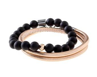 Rose gold leather bracelet Metropolitan No.229, Rose gold bracelet for women, Rose gold jewelry, Minimalist bracelet, Black onyx bracelet