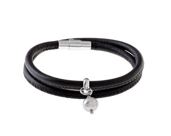 Bracelet en cuir noir Pearly No.239, Bracelets en cuir pour femme, Bracelet noir femmes, Bracelet minimaliste en cuir