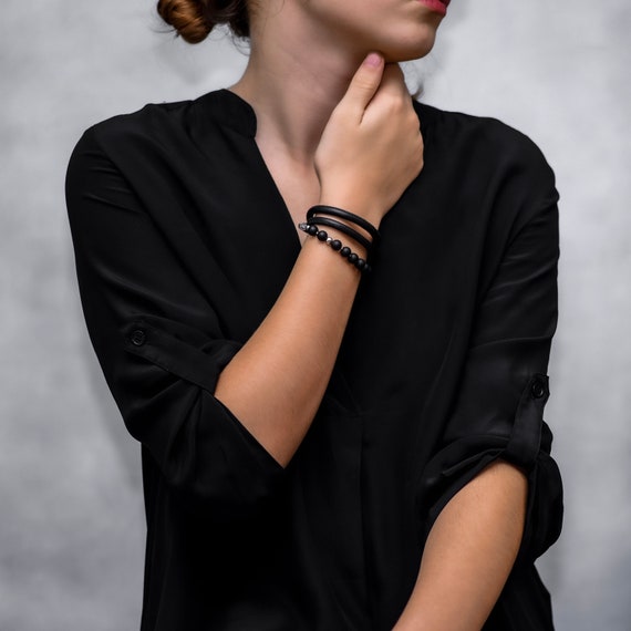 Black Onyx Bracelet ALL BLACK Black Leather Bracelet Women