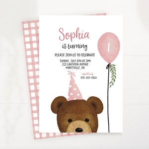 Uitnodiging van het meisje van de ballon van de teddybeer | Beary eerste verjaardag | Bewerkbare directe download | Teddybeer picknick | Corjl | BEERG