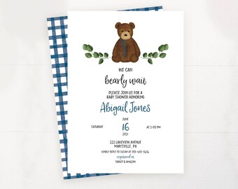 We Can Bearly Wait Shower Invitation | Baby Boy Shower | Teddy Bear Shower Theme | Editable Instant Download | Teddy Bear Picnic | BEA100