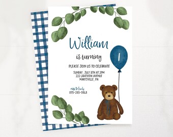 Teddy Bear Boy Birthday Invitation | Bear Balloons Invitation | Beary First Birthday | Editable Instant Download |Teddy Bear Picnic | BEA100