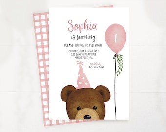 Teddy Bear Balloon Girl Invitation | Beary First Birthday | Editable Instant Download | Teddy Bear Picnic | Corjl | BEA100