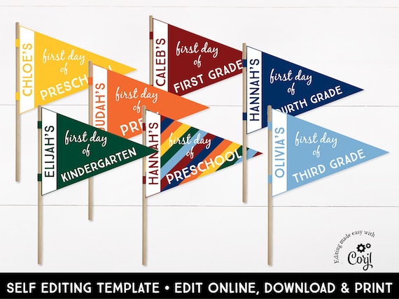 Editable First Day of School Pennant Printable Flags Personalized