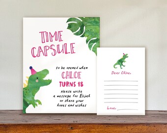 Dinosaur Time Capsule Sign and Card | Dinosaur Birthday | T-rex Dinosaur Party | Jurassic Dino Birthday | EDITABLE Instant Download | DINOG