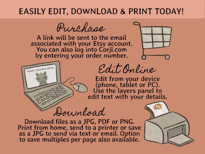 May include: Illustration with text: "EASILY EDIT, DOWNLOAD & PRINT TODAY!". Includes a laptop with a cat graphic, a shopping cart, and a printer. Text describes how to purchase, edit online, and download files.