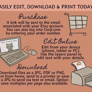 Pode incluir: Uma ilustra&ccedil;&atilde;o gr&aacute;fica que mostra as etapas para comprar, editar e baixar um design imprim&iacute;vel. A ilustra&ccedil;&atilde;o inclui um carrinho de compras, um laptop e uma impressora. O texto diz: "EASILY EDIT, DOWNLOAD & PRINT TODAY! Purchase A link will be sent to the email associated with your Etsy account. You can also log into Corjl.com by entering your order number. YOUR DESIGN HERE Edit Online Edit from your device (phone, tablet or PC). Use the layers panel to edit text with your details. Download Download files as a JPG, PDF or PNG. Print from home, send to a printer or save as a JPG to send via text or email. Option to save multiples per page also available."