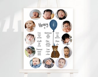 Teddy Bear Birthday Milestone Board | One Year Photos | Photo Collage | Bear Party | First Birthday Boy Birthday Milestone Template | BEARB