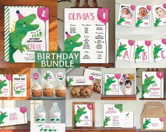 Editable Dinosaur Birthday Party Bundle |Dino Birthday | Printable Invitation DIY | DINOG