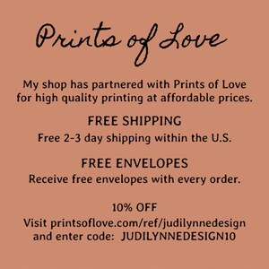 May include: A peach-colored background with the text "Prints of Love" in a handwritten style. The text promotes high-quality printing, free shipping within the U.S., free envelopes, and a 10% discount with a code.