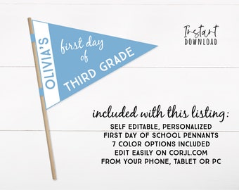 Editable First Day of School Pennant Printable Flags | Personalized Name | 7 Colors | Pre-K Kindergarten 1st 2nd 3rd Grade - 12th Grade PDF