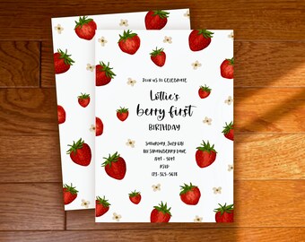 Berry First Birthday Invitation, Strawberry Invitation, Strawberry 1st Birthday Editable Template, Printable Invite, INSTANT DOWNLOAD || BB