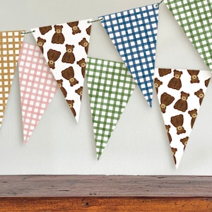 Teddy Bear Picnic Birthday Pennant Banner | Beary First Birthday | Party Decorations | Gingham Banner | Instant Download | BEA100