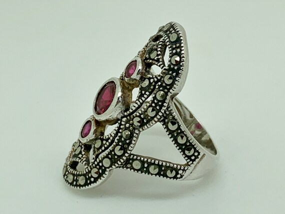 Sterling Silver Lab Created Ruby & Marcasite Deco… - image 6