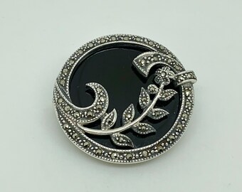 Past Times Vintage Sterling Silver Onyx Marcasite Art Deco Style Foliage Brooch