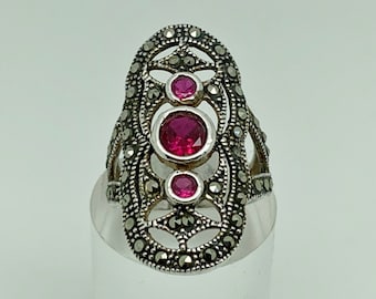 Sterling Silver Lab Created Ruby & Marcasite Deco Style Cocktail Ring Size L 1/2 - US Size 5.75