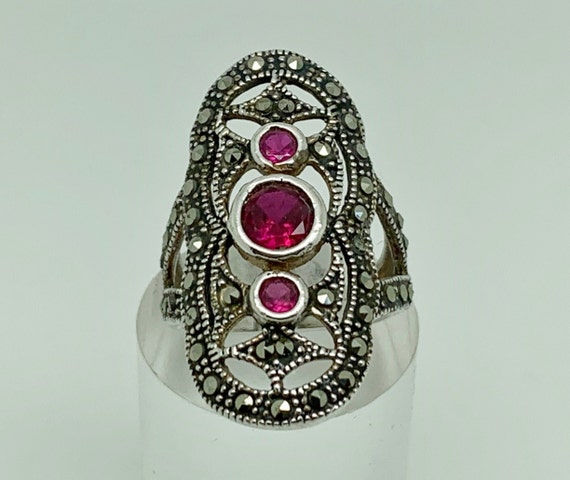 Sterling Silver Lab Created Ruby & Marcasite Deco… - image 1